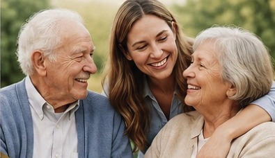 An older couple smiling with their adult daughter